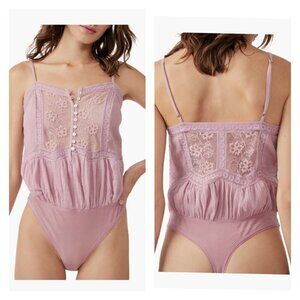 Free People Still The One Pink Le Fleur Pleated Button Thong Lace XS Bodysuit
